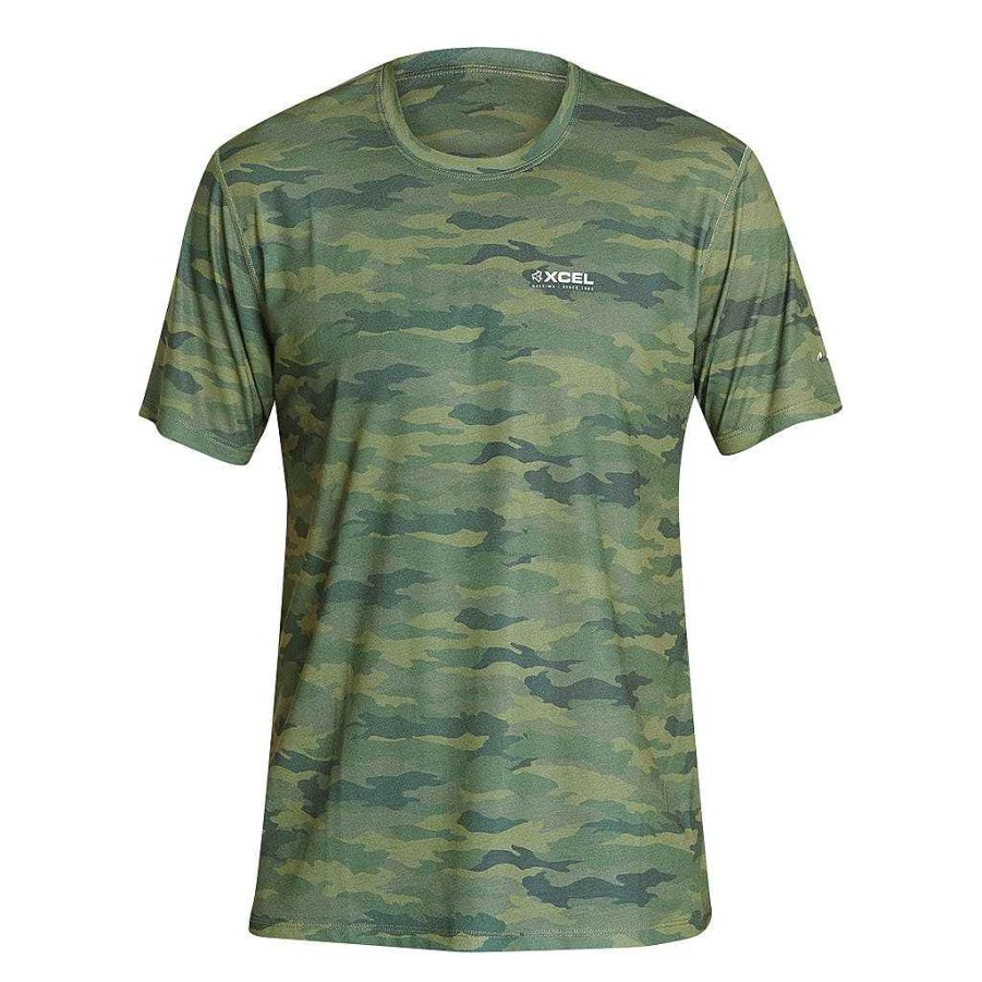 Men'S Xcel | Men'S Threadx Hawaiian Camo Short Sleeve Uv Top Green Camo