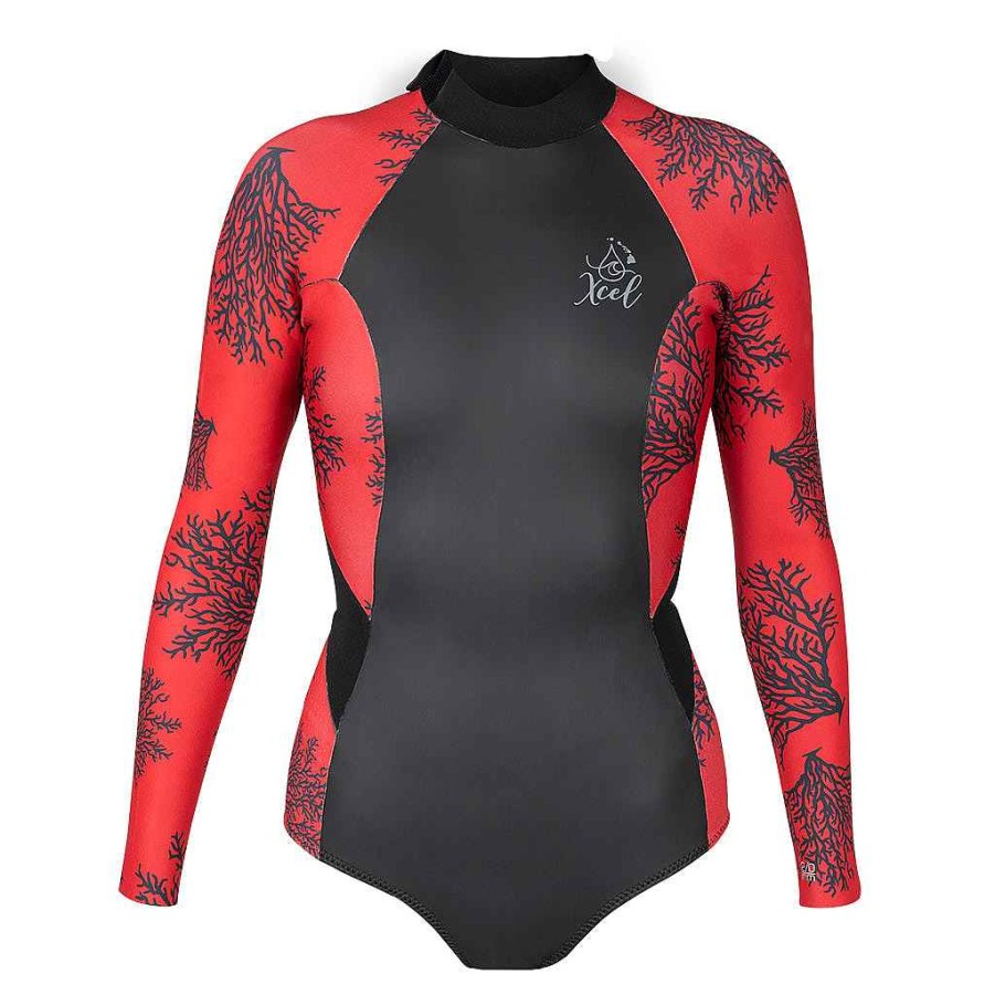 Women'S Xcel | Women'S Ocean Ramsey Water Inspired Axis Long Sleeve Back Zip Glide Skin Springsuit 2Mm Black/Red Coral Print