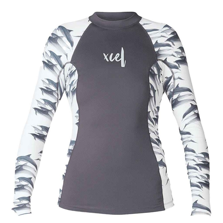 Youth Xcel | Girls Ocean Ramsey Water Inspired Premium Stretch Long Sleeve Uv Top Gunmetal/Dolphin Print