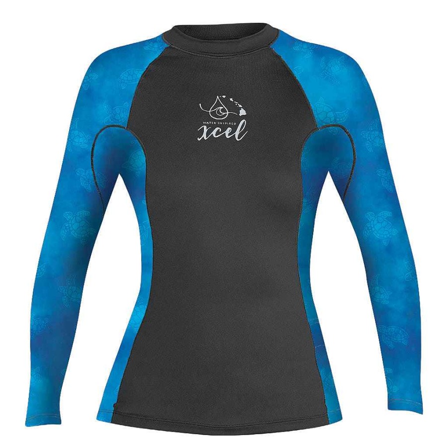 Youth Xcel | Girls' Ocean Ramsey Water Inspired Premium Stretch Long Sleeve Performance Fit Uv Top Black/Honu Print