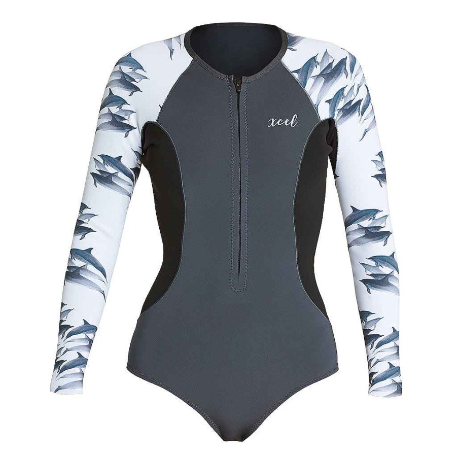 Women'S Xcel Women'S Axis X + Axis | Women'S Ocean Ramsey Water Inspired Axis Long Sleeve Front Zip Springsuit 1.5/1Mm Gunmetal/Dolphin