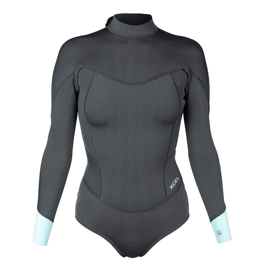 Women'S Xcel Women'S Springsuits | Women'S Axis Long Sleeve Cheeky Cut Back Zip Spring Wetsuit 2Mm Graphite/Glacier Blue